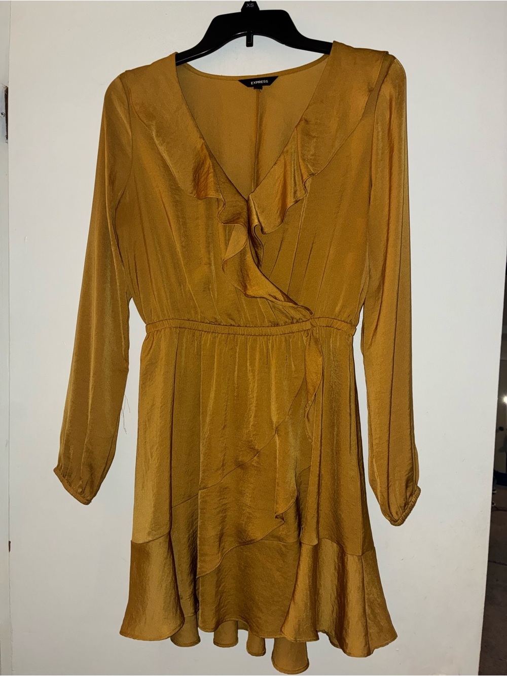 Express Mustard Ruffle Wrap Long Sleeve Dress